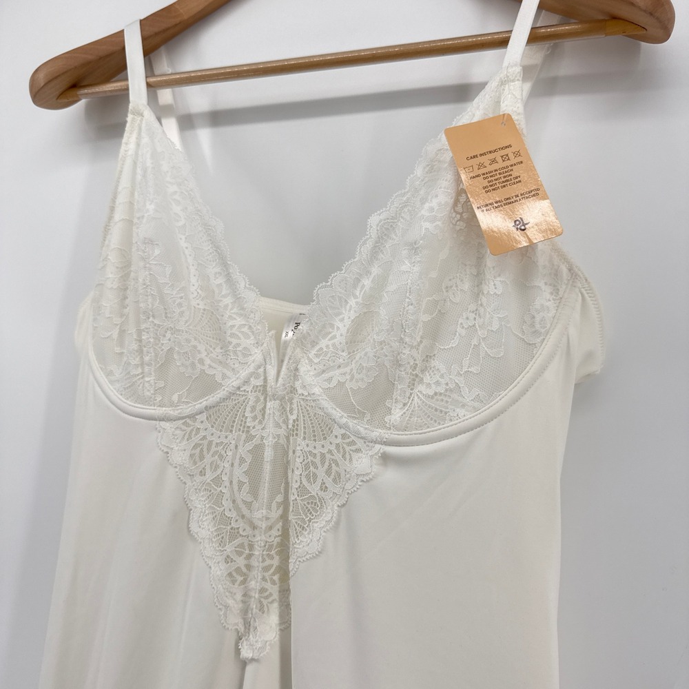 Popilush Built-In Shapewear Slip Dress Women XXL Ivory NEW Lace Trim Maxi Slit - Picture 6 of 13